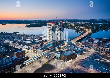 Helsinki, Finland - June 13, 2020: Aerial view of first skyscrapers in Finland in Kalasatama district. Tallest buildings in Finland. Stock Photo