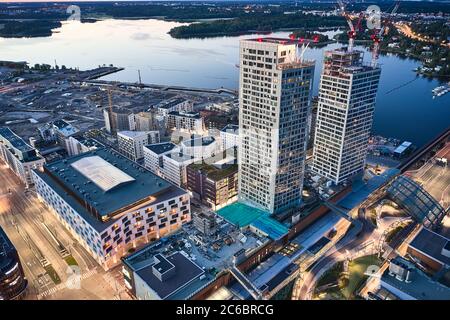 Helsinki, Finland - June 13, 2020: Aerial view of first skyscrapers in Finland in Kalasatama district. Tallest buildings in Finland. Stock Photo