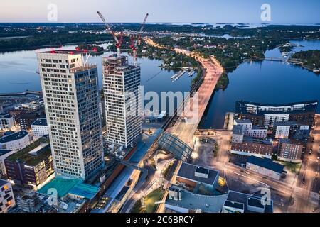 Helsinki, Finland - June 13, 2020: Aerial view of first skyscrapers in Finland in Kalasatama district. Tallest buildings in Finland. Stock Photo