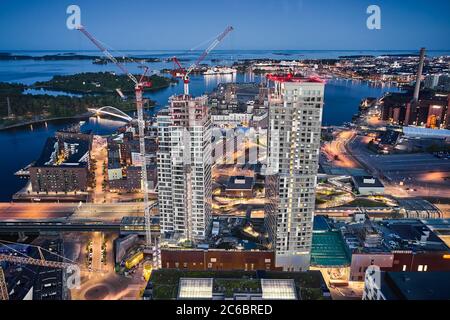 Helsinki, Finland - June 13, 2020: Aerial view of first skyscrapers in Finland in Kalasatama district. Tallest buildings in Finland. Stock Photo