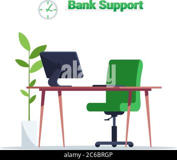 Bank support manager workplace semi flat RGB color vector illustration. Desk with computer for online consultation. Financial department workspace fur Stock Vector
