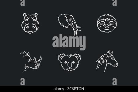 Animal heads chalk white icons set on black background. Exotic mammals, tropical fauna. Hippopotamus, elephant, koala, sloth, horse and rhinoceros muz Stock Vector