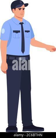 Police officer in uniform semi flat RGB color vector illustration. Male guard. Bank security man. Law enforcement representative. Policeman isolated c Stock Vector
