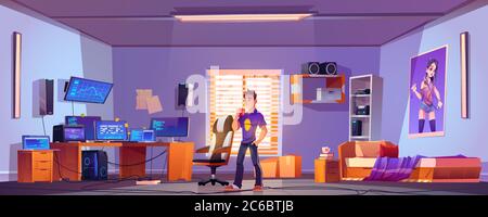 Teenager drinks coffee in bedroom with workspace with computer monitors on desk, chair and printer on shelf. Vector cartoon interior room of gamer, programmer or hacker Stock Vector