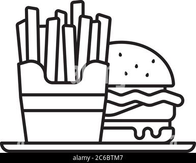 Box of french fries and Hamburger on tablet vector line icon. Fast food meal outline symbol. Stock Vector