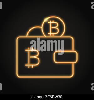Wallet with bitcoin icon in neon style. Cryptocurrency saving or payment symbol. Vector illustration. Stock Vector