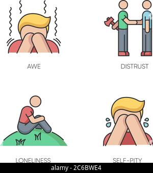 Negative emotions and bad feelings RGB color icons set. Human behaviour, psychological states. Distrust, loneliness, awe and self pity. Isolated vecto Stock Vector