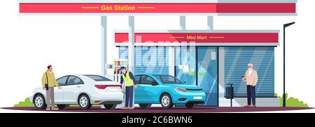 Gas station with people semi flat RGB color vector illustration. Attendant servicing. Diesel, gasoline fuel filling station and customers. isolated ca Stock Vector