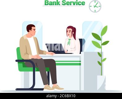 Bank service semi flat RGB color vector illustration. Customer on reception. Man talk with advisor. Male client with female consultant isolated cartoo Stock Vector