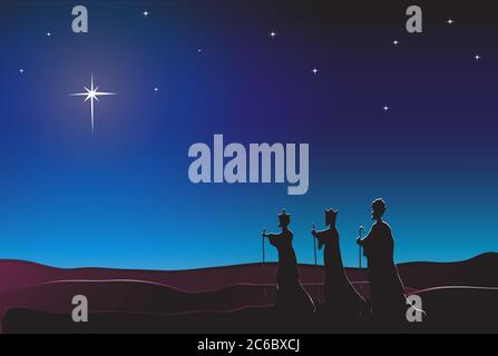 The Three Kings follow the star in the East to Bethlehem. Nativity scene. EPS10 vector format. Space for text. Stock Vector