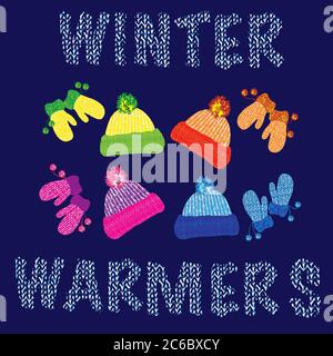 Knitted woolly hats and matching pairs of mittens in various colours. EPS10 vector format. Stock Vector