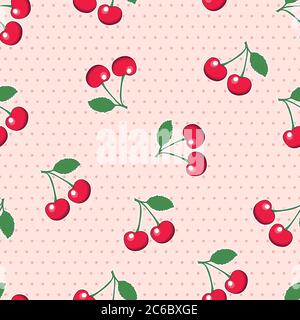 Sweet, red cherries, on retro style pink polka dot background. Seamless design. EPS10 vector format. Stock Vector