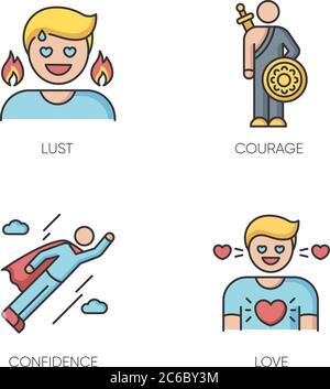Good feelings and qualities RGB color icons set. Positive mood, emotions and personality traits. Confidence, courage, lust and love. Isolated vector i Stock Vector