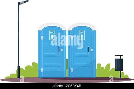 Separated women and men wc semi flat RGB color vector illustration. Portable blue public toilets. Individual lavatory. Sanitation facilities. Isolated Stock Vector