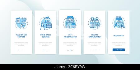 Children preschool center types onboarding mobile app page screen with concepts. Private, state kindergarten. Walkthrough 5 steps graphic instructions Stock Vector