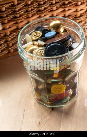 Vintage Button Collection in a Glass Jar Stock Photo