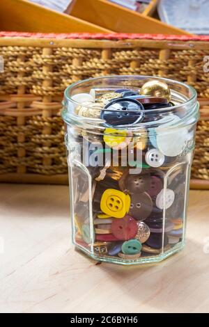 Vintage Button Collection in a Glass Jar Stock Photo