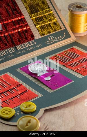 Vintage Sewing Needles Assortment in Paper Case, USA Stock Photo