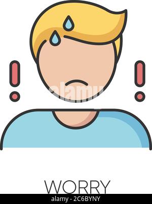 Worry RGB color icon. Emotional stress, anxiety. Concerned, nervous mental state. Bad feeling, trouble reaction. Worried, anxious person isolated vect Stock Vector