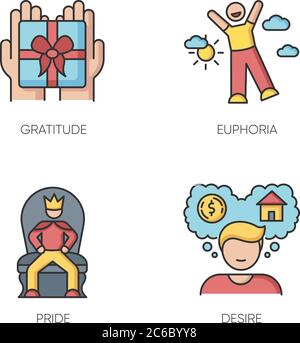 Emotions and personality traits RGB color icons set. Human feelings, good and bad qualities. Gratitude, euphoria, pride and desire. Isolated vector il Stock Vector