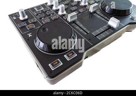 Portable DJ Control Mixer shot on a white background. Stock Photo