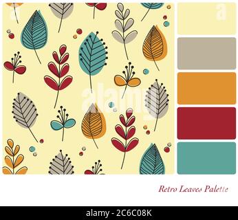A flat design background of retro leaves and flowers, in a colour palette with complimentary colour swatches. EPS10 vector format. Stock Vector