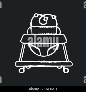 Baby walker chalk white icon on black background. Leg learning and walking development device for toddlers. Gross motor skills stimulation. Isolated v Stock Vector