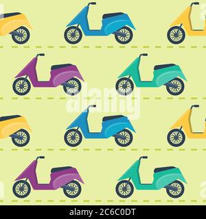 Seamless pattern with colorful scooters in flat style on the road Stock Vector