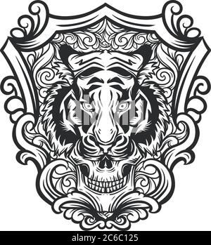 Skull tiger and, Hand drawn line art vector illustration. Stock Vector