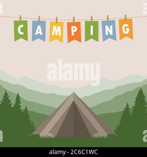 camping adventure in the wilderness tent in the forest at mountain landscape vector illustration EPS10 Stock Vector