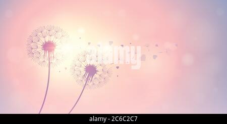 dandelion silhouette with flying seeds and hearts for valentines day vector illustration EPS10 Stock Vector