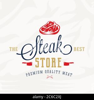 The Best Steak Store Vintage Typography Label, Emblem or Logo Template. Premium Quality Meat Sign. Butchery and Barbecue Icons with Background Stock Vector