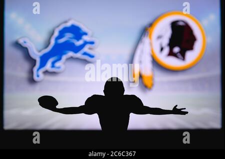 Detroit Lions. Silhouette of professional american football player. Logo of  NFL club in background, edit space Stock Photo - Alamy