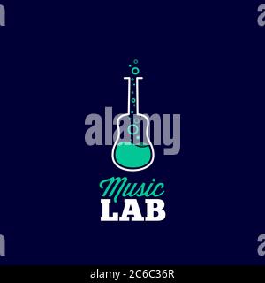 Music Laboratory Abstract Vector Sign, Emblem or Logo Template. Guitar and Chemical Flask Creative Concept Silhouette. Good for Instruments Store and Stock Vector