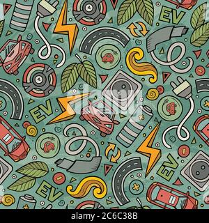 Cartoon cute hand drawn electric cars seamless pattern Stock Vector