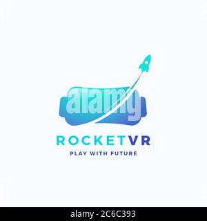 Virtual Reality Rocket Abstract Vector Icon, Sign, or Logo Template. Electronic Glasses Headset Silhouette with Spacecraft. Stock Vector