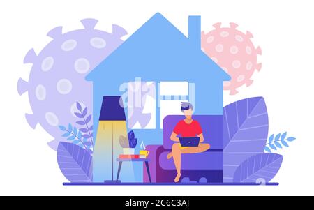 Man distantly works at home office during covid 19 quarantine vector illustration flat concept. Isolation to prevent coronavirus disease and avoid contacts at comfortable atmosphere. Poster, banner Stock Vector