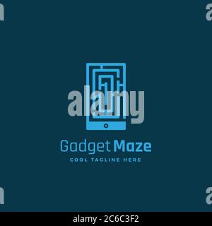 Gadget Maze Abstract Vector Sign, Emblem or Logo Template. Labyrinth in a Smartphone Silhouette Concept. Stock Vector