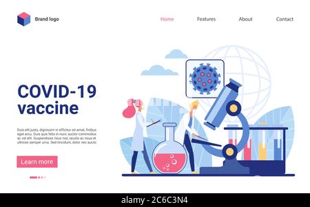 Scientists work in laboratory at covid 19 vaccine landing page flat vector illustration concept. Coronavirus antivirus medical research, doctors research new virus disease. Stock Vector