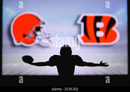 Cleveland Browns vs. Cincinnati Bengals . NFL Game. American Football  League match. Silhouette of professional player celebrate touch down.  Screen in Stock Photo - Alamy