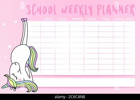 School timetable with cute unicorn doodle. Vector school timetable chalk sketch schedule, education. Stock Vector