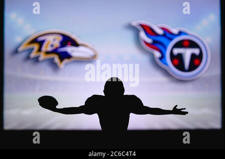 Baltimore Ravens vs. Tennessee Titans . NFL Game. American Football League  match. Silhouette of professional player celebrate touch down. Screen in ba  Stock Photo - Alamy