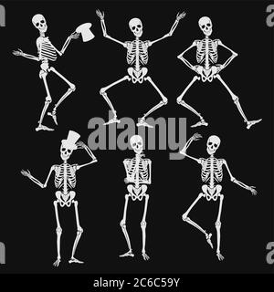 Homan skeletons silhouettes in different poses isolated on black vector illustration Stock Vector
