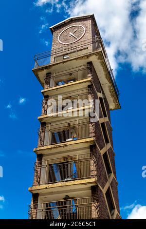 1950s clock tower at Chrisp Street Market in Poplar, London, UK Stock Photo