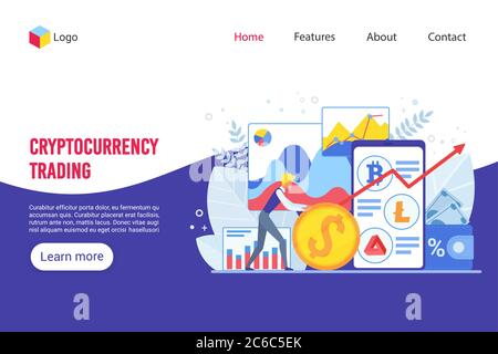 Trading platform isometric landing page template. Online financial market analytics. Cryptocurrency trading. Cryptocurrency trader cartoon character. Broker services webpage design layout. Stock Vector