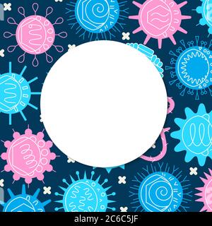 Human virus types poster in flat style with place for text. Scientific banner with microorganism symbols background. Vector illustration. Stock Vector