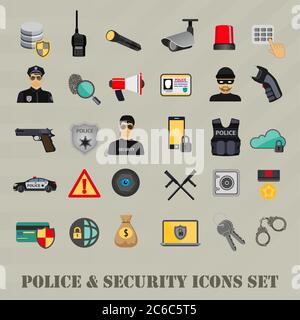 Vector security icons set, police, law and crime Infographics elements. web bank safety icon isolated Stock Vector