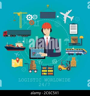 Vector logistics manager agent concept. Delivery cargo vector service illustrations Stock Vector