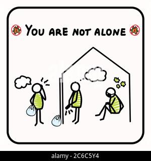You are not alone. Support each other corona virus covid 19 stickman infographic. Considerate community help graphic clipart. Pandemic affects Stock Vector