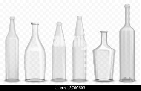 Realistic glass empty bottle in various design set vectro illustration Stock Vector